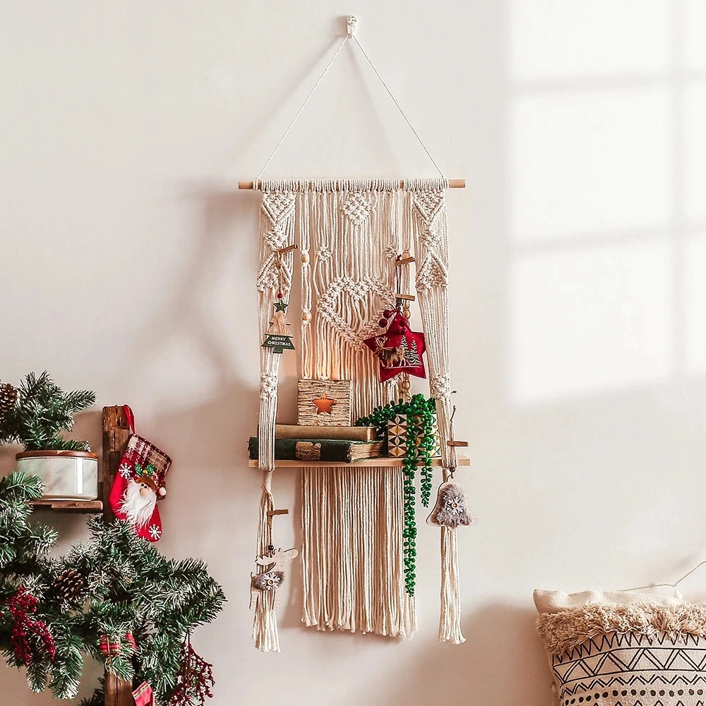 

Macrame Handmade Wall Hanging Planter Basket Cotton Woven Wooden Shelf Plant Hanger Pot Tapestry Home Apartment Room Decor