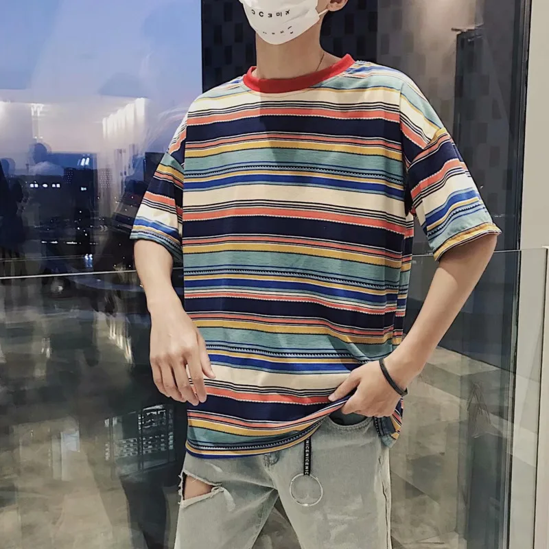 

Men's Five-point Sleeve Striped T-shirt Korean Casual Fashion Loose Harajuku Streetwear T-shirt Men's Color Couple T-shirt