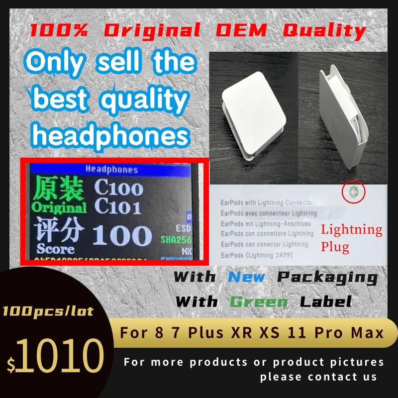 

100pcs/lot Wired Earphone 100% Original Quality Headset Microphone With Earphone For i7 8 Plus X XR XS Max 11 Pro Volume Control