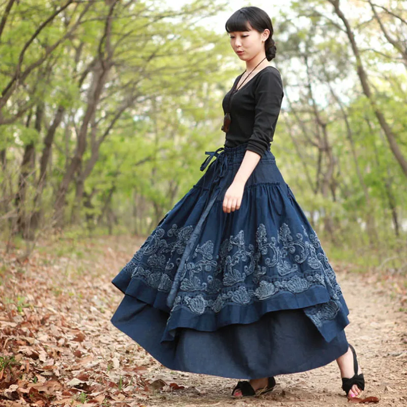 Женская длинная джинсовая юбка-пачка Повседневная винтажная юбка из денима в