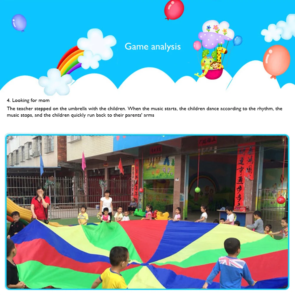 

4m / 5m Diameter Outdoor Rainbow Umbrella Parachute Toy Jump Bag Kindergarten Team Play Interactive Teamwork Children Toy Gift
