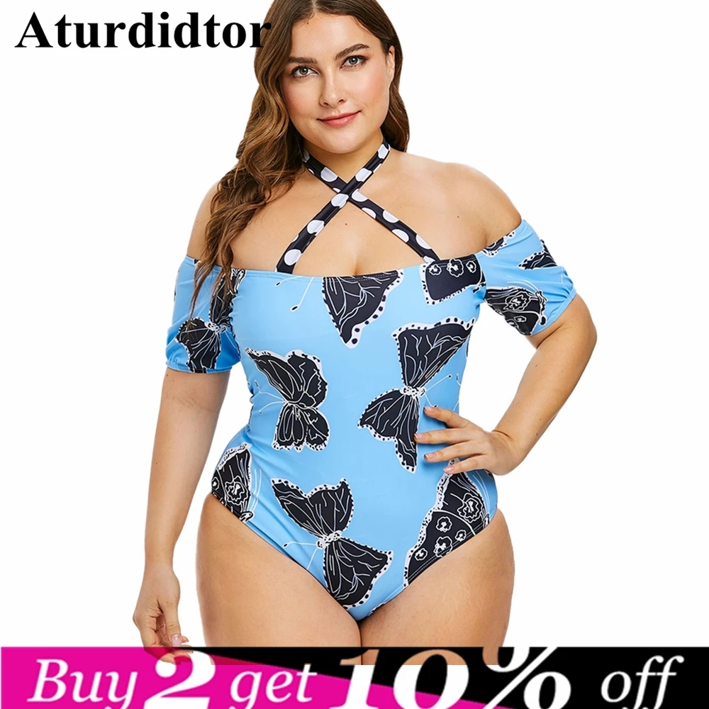 5XL плюс Размер Холтер Крест бабочка печати цельный купальник женский сексуальный