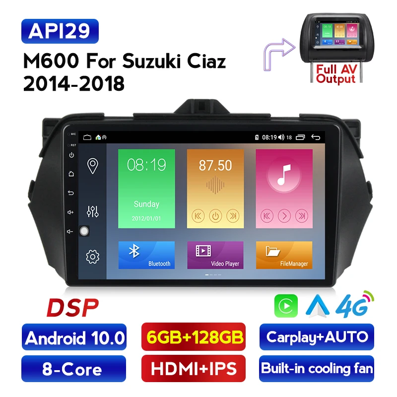 

Автомобильный мультимедийный радиоплеер с GPS-навигацией для Suzuki Ciaz 2014, 2015, 2016, 2017, 2018, 9 дюймов, 6 ГБ + 128 ГБ, Wi-Fi, Android 10, DVD