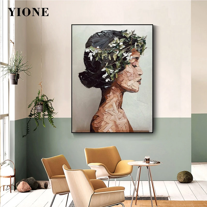 

Green Leaf Woman Portrait Oil Painting on Canvas Abstract Figure Nude Girl Poster Wall Art Picture Print Living Room Decoration