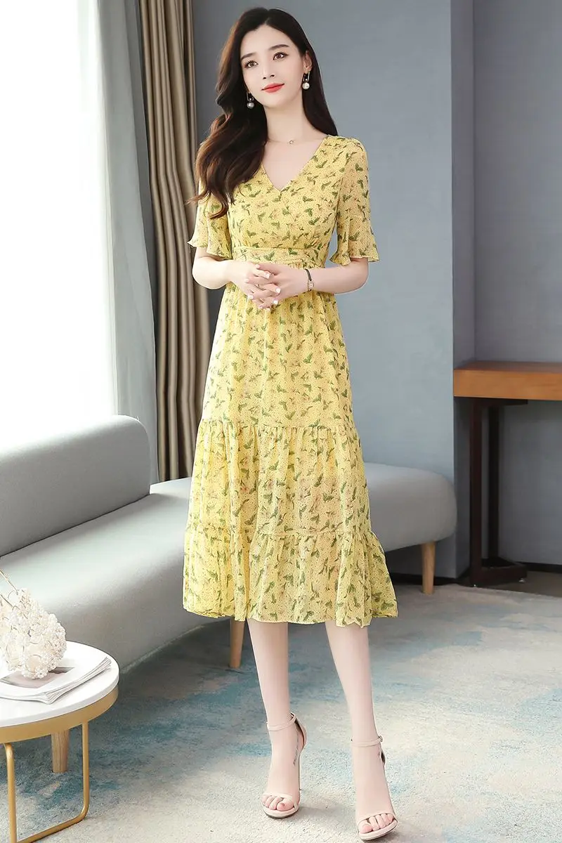 

COIGARSAM Chiffon Women dress New Summer Floral Print High Waist V-Neck Dresses Yellow 8050