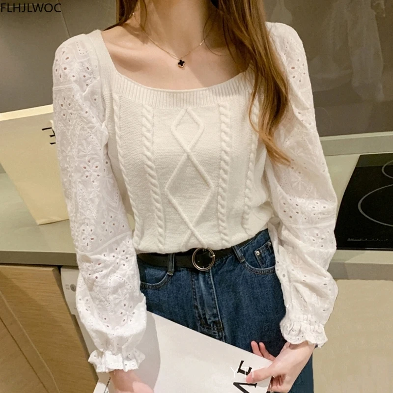 

Women Spring Autumn Basic Shirt Square Neck Tops Solid Color Hollow Out Long Sleeve White Knitting Blouse O2807