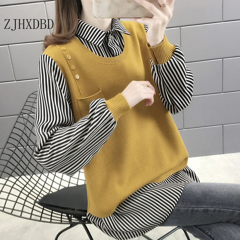 

2020 free one Size Women Winter Solid Color Sweater Long Sleeve Fake Two Pieces Soft Handfeel Holiday Stylish Sweater Top Blouse