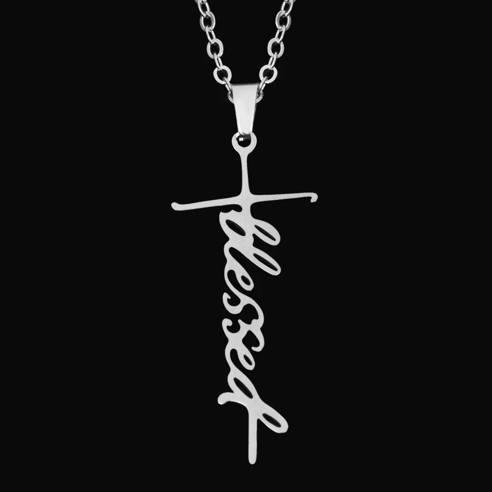 Цепочка Из Нержавеющей Стали ожерелье серебряного цвета кулон BLESSED Cross для женщин