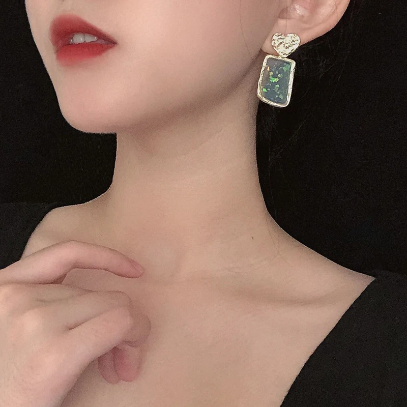 

S925 needle Women Jewelry Earrings 2020 New Design Metal Golden Plating Heart Square Glitter Enamel Dangle Drop Earrings Gift