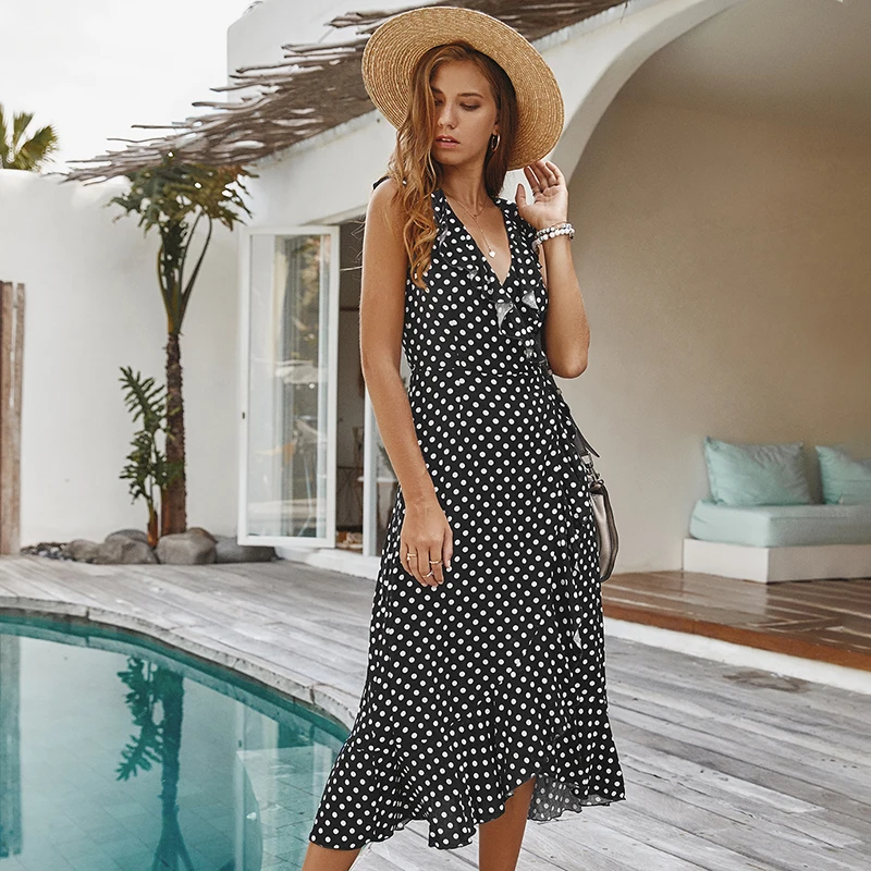 

Summer Polka Dot Sexy Sleeveless Vest V-neck Women Dresses 2021 Slim High Waist Long Dress Casual Holiday Beach Dress
