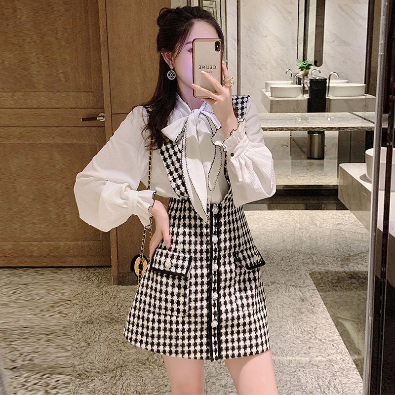 

College Style Two Piece Set 2021 New Women's Autumn Winter White Shirt Suspender Plaid Vest Skirt Woolen Tweed Two Piece Suits