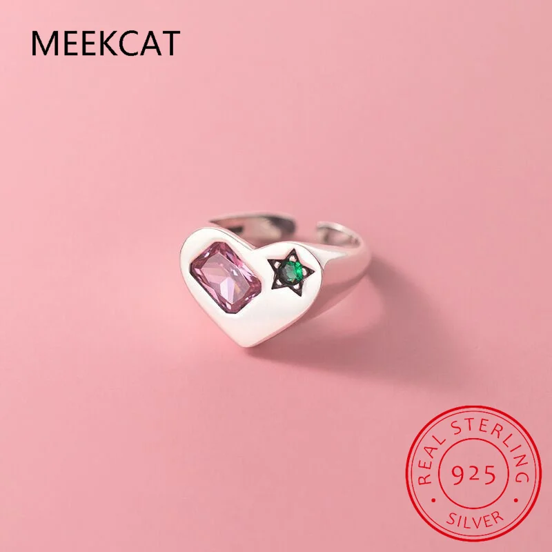 

Женское кольцо в виде сердца MEEKCAT, украшение из стерлингового серебра 925 пробы с зелеными звездами и блестящим розовым цирконием, модные юве...