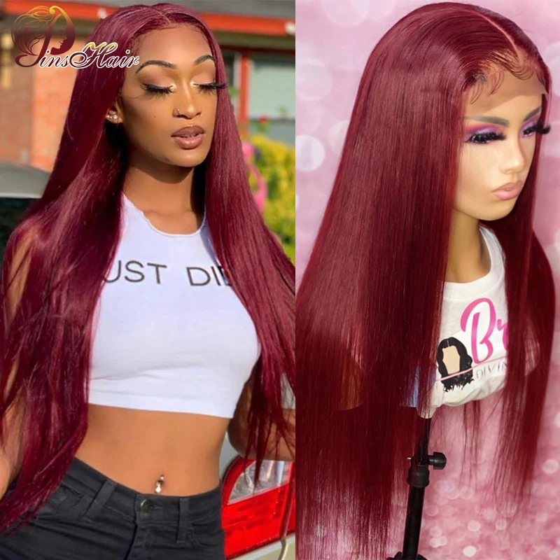 

Pinshair средняя часть 13x1парики фронта шнурка предварительно выщипанные цветные 99J бордовый бразильские Прямые Remy человеческие волосы парик 150...