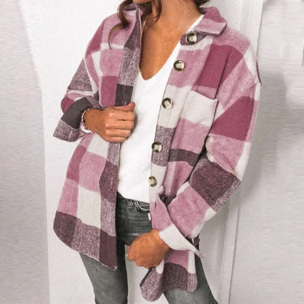 

Turn-Down Collar Long Sleeve Women Coat Casual Plaid Print Pockets Shirt Jacket for Fall Winter