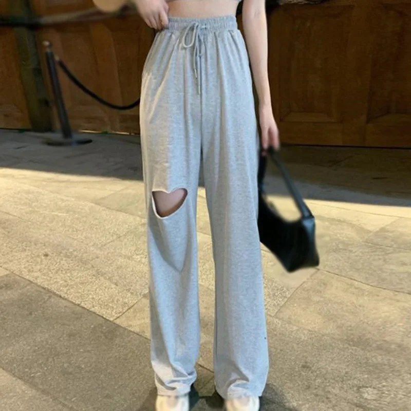 

Korean Version High Drape Loose Hole Straight Wide Leg Pants Casual Sports Pants