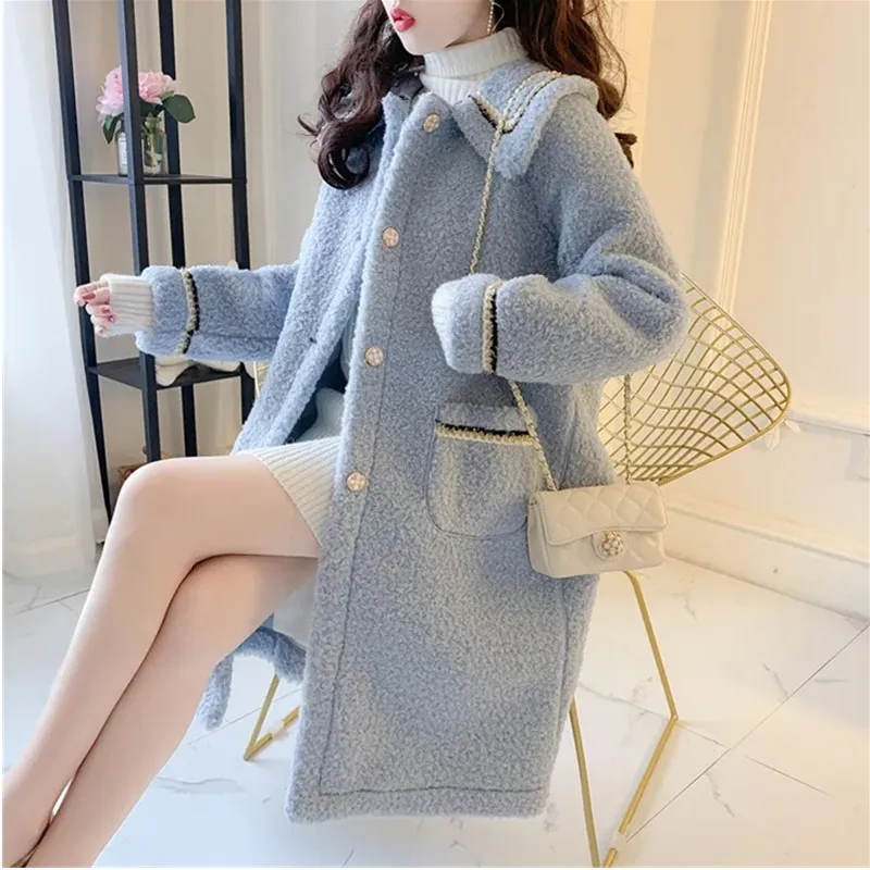 

Autumn Winter Fashion New 2021 Korean Sweater Cardigan Version Medium Long Lamb Wool Coat Women's Windbreaker Outerwear Female