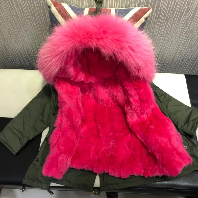 Olive top hot pink Г. Детские куртки из натурального кроличьего меха зимние пальто для девочек со съемной подкладкой из натурального меха, куртка для малышей меховой воротник енота - Цвет: Olive top hot pink
