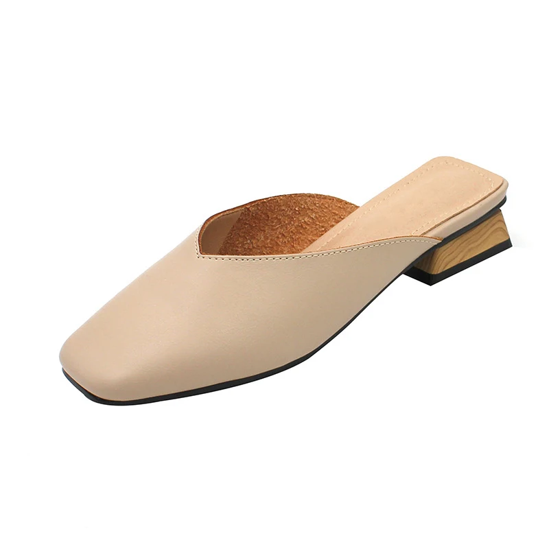 

2021 Soft Leather Block Mid Heel Slip on Slides Sandals Women Mules Shoes Fashion Casual Summer Backless Female Mules Slippers