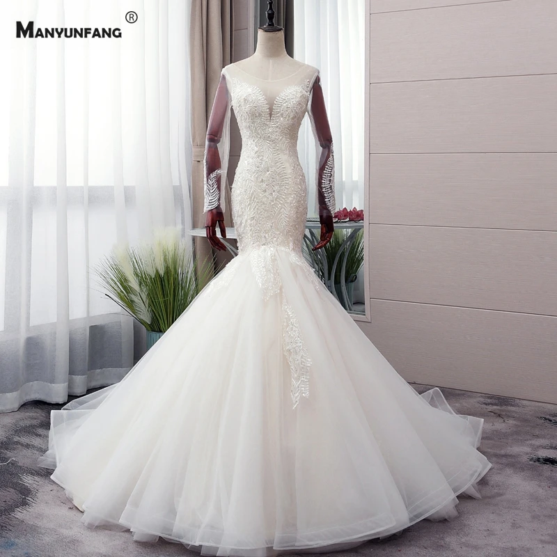 

2021 New Arrival Chapel Train Lace Up Back Mermaid Wedding Dress 100% Real Embroidery Appliques Tulle O-Neck Bridal Gown
