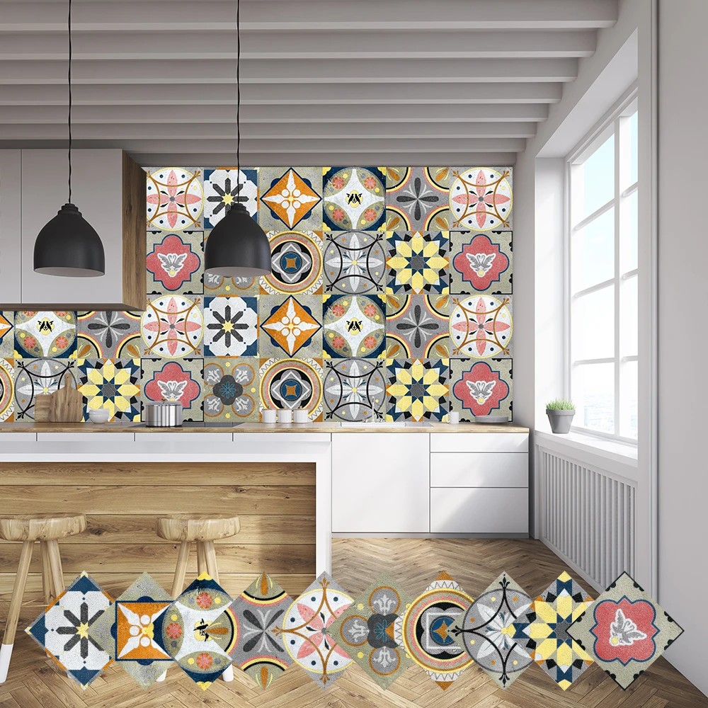 

10pcs Colorful Mandala Tiles Wall Sticker Kitchen Backsplash Wardrobe Bathroom Renovation Peel & Stick Waterproof Art Wall Decal