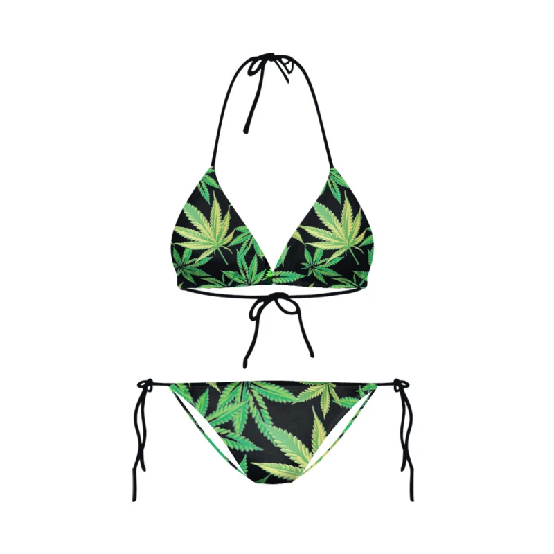 

2021Bikini Set Summer Black Milk Hemp Leaf Weed Bathing Suit String Bra Underwear Brazilian Print Women Swimwear Swimsuit