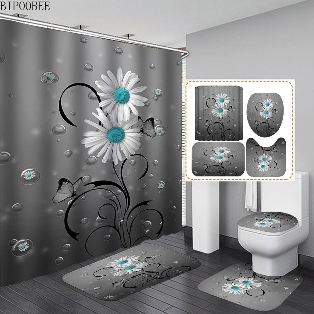 

White Flower Bathroom Curtain Sets Sunflower Shower Curtains with Hooks Anti-slip Carpet Toilet Lid Cover Mat Bath Rugs
