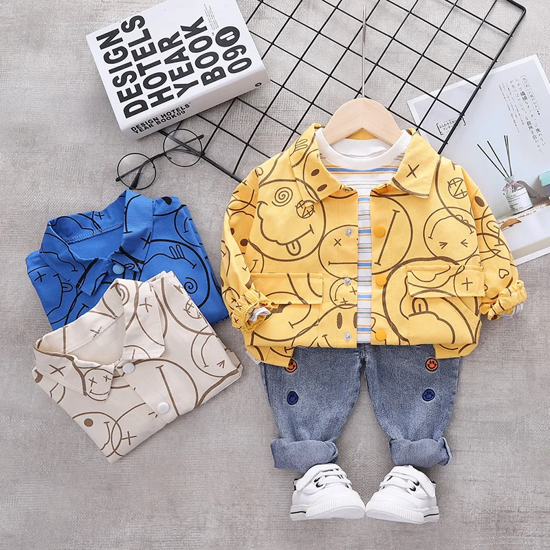 

2021 new Baby boy clothing set three-piece printing spring and autumn children's cartoon shirt jacket boy suit 1-5 years old
