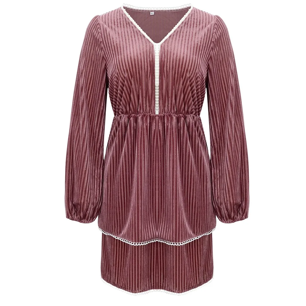 Женское винтажное платье с V-образным вырезом однотонное Свободное длинными