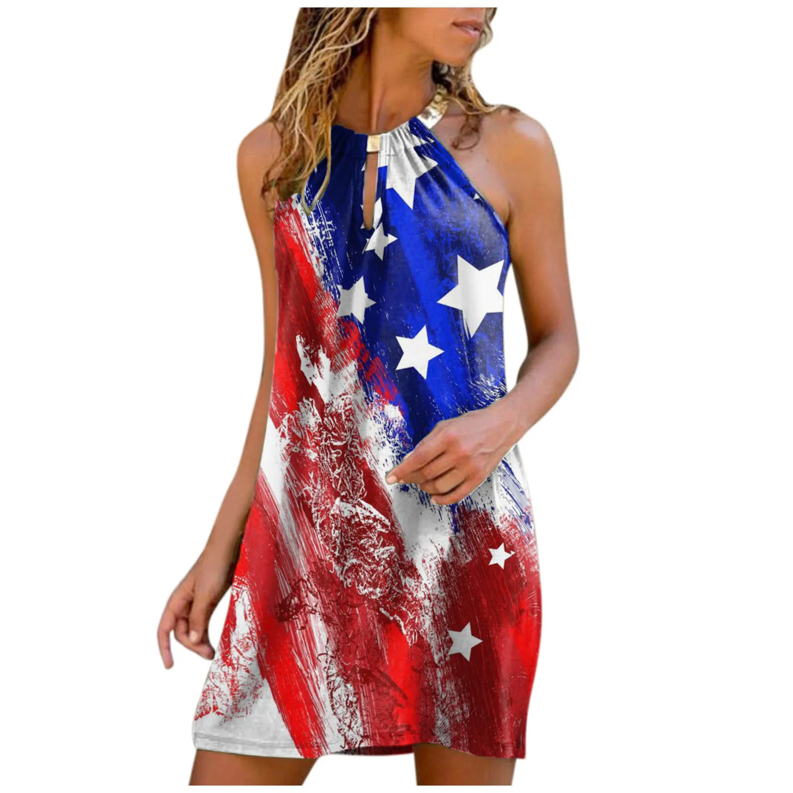 

Ladies Summer Casual Metal Halter Rainbow Independence Day Print Off Shoulder Dress Women's Hanging Neck Printed Strapless Dress