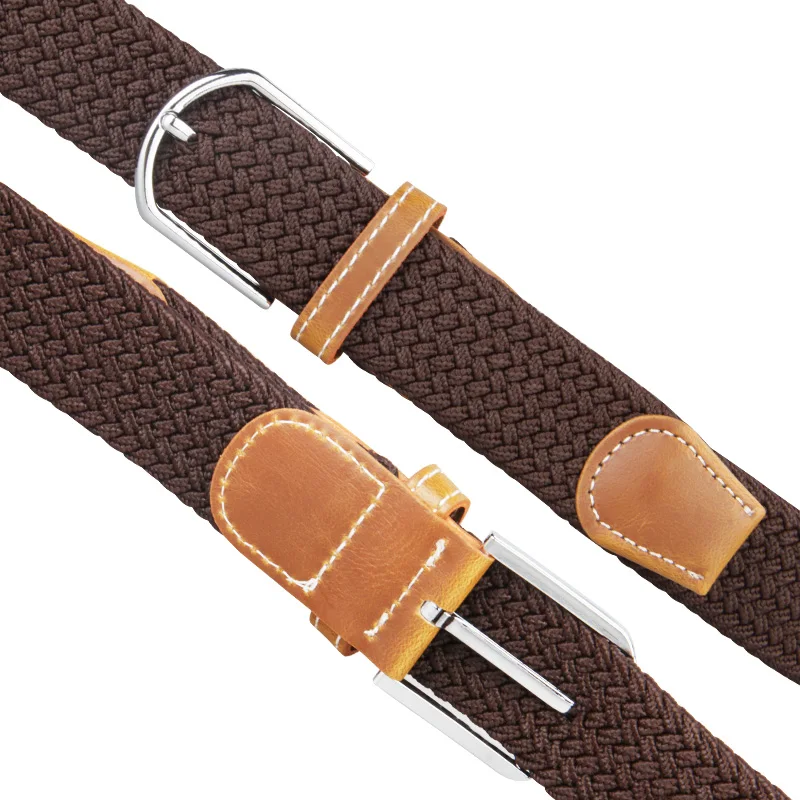 Мужской эластичный пояс плетеный стиль с серебряной пряжкой черный цвет бежевый