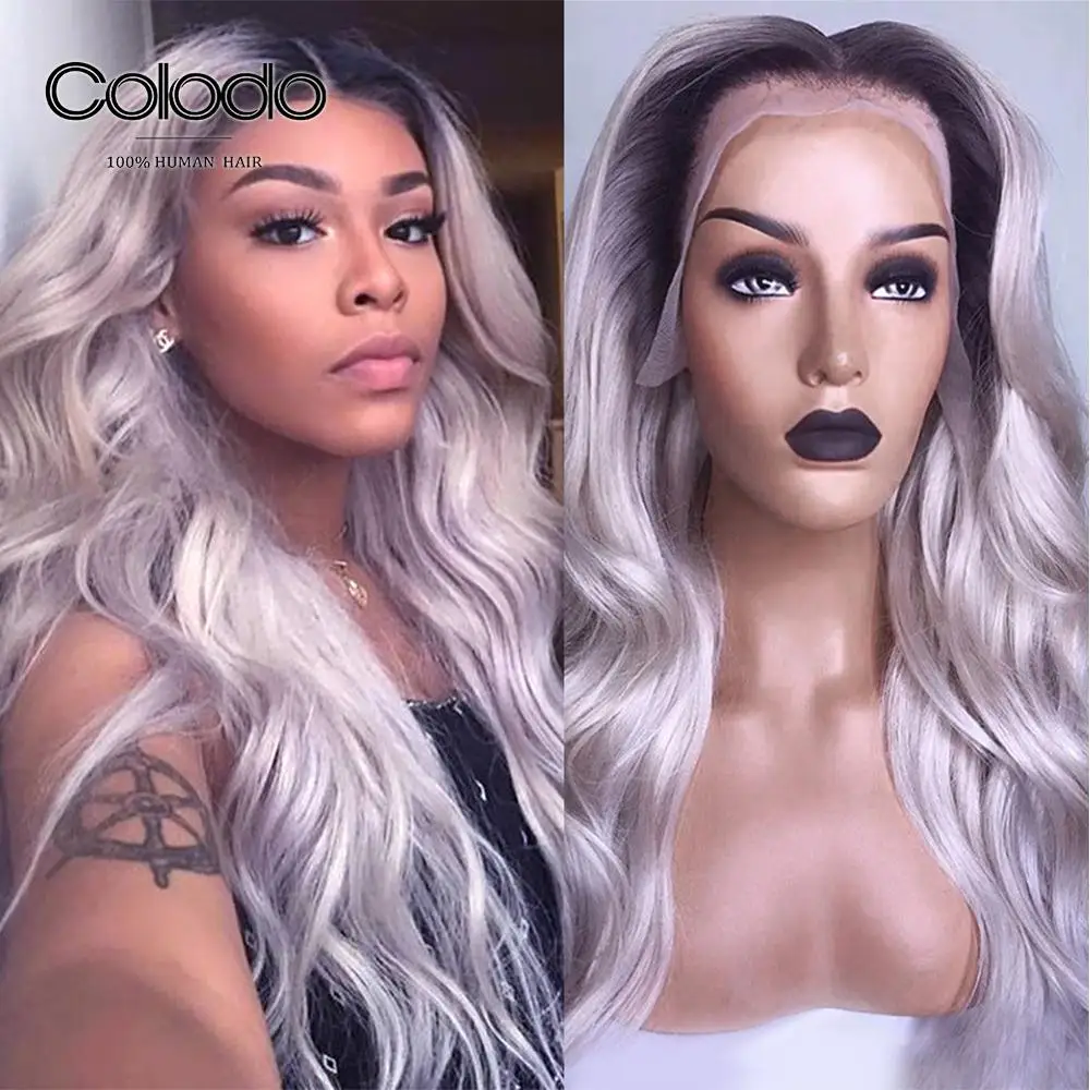 COLODO 1b Roots Grey Ombre Human Hair Wig Remy Brazilian Body Wave Pre Plucked Lace Front Wigs for Black Women | Шиньоны и парики