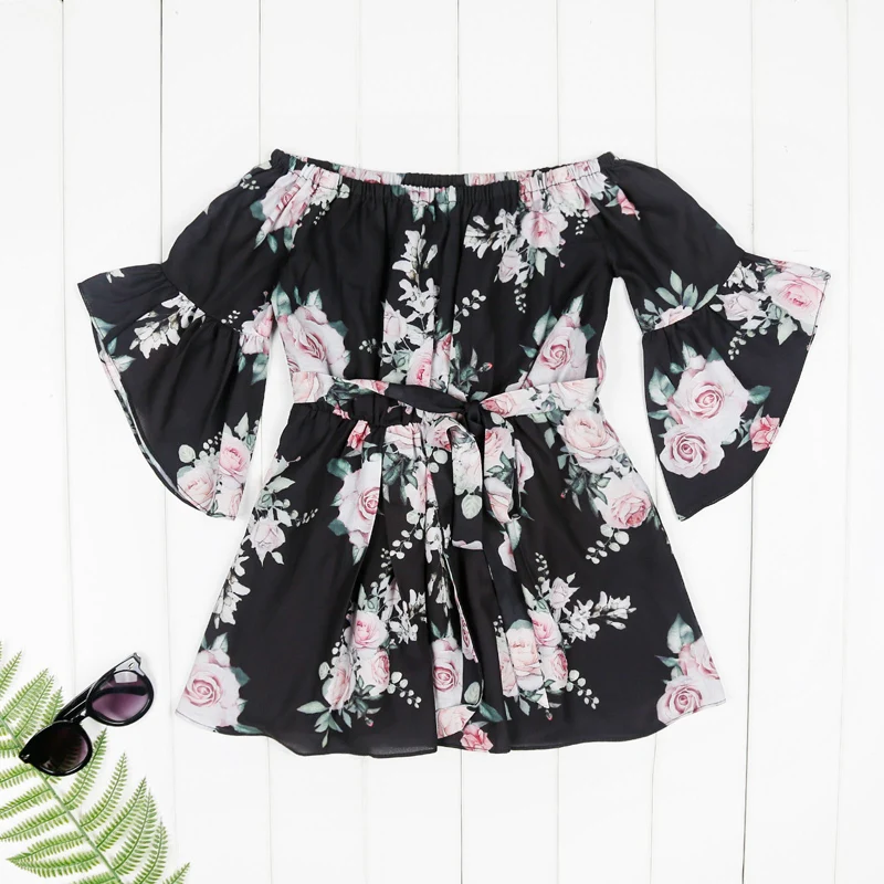 

2021 New Sexy Fashion Mom and Daughter Dress Petal Sleeve Knee Length Printing Girls Dress Mommy and Daughter Matching Clothes