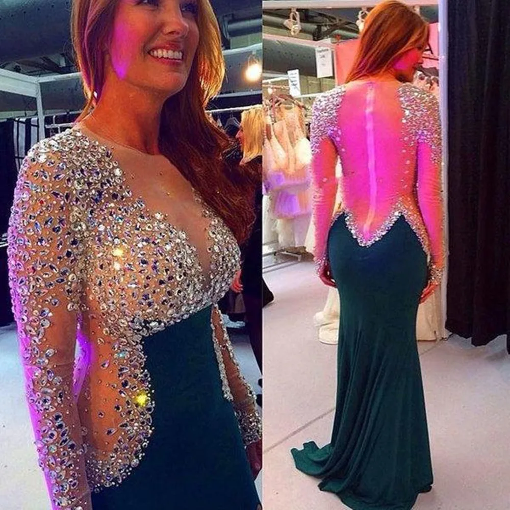 

Sequins Evening Dresses Deep V-Neck Empire Mermaid Luxurious Pleat Floor-Length Full Sleeves New Woman Formal Party Gowns G661