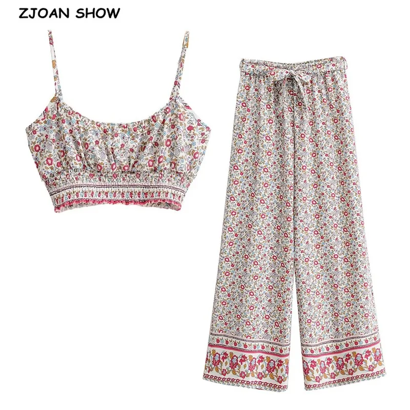 

2021 Holiday Elastic Hem Floral Print Bra Tank Top Crop Top Sexy Women Tie Bow Sashes Wide Leg Pants Ruched Camis 2 Pieces Set