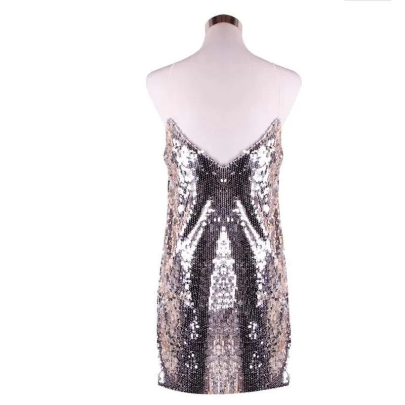 

XUXI Women Fashion Trend Sequin Stitching Sexy Slim Backless Suspender Dress summer 2021 E1136