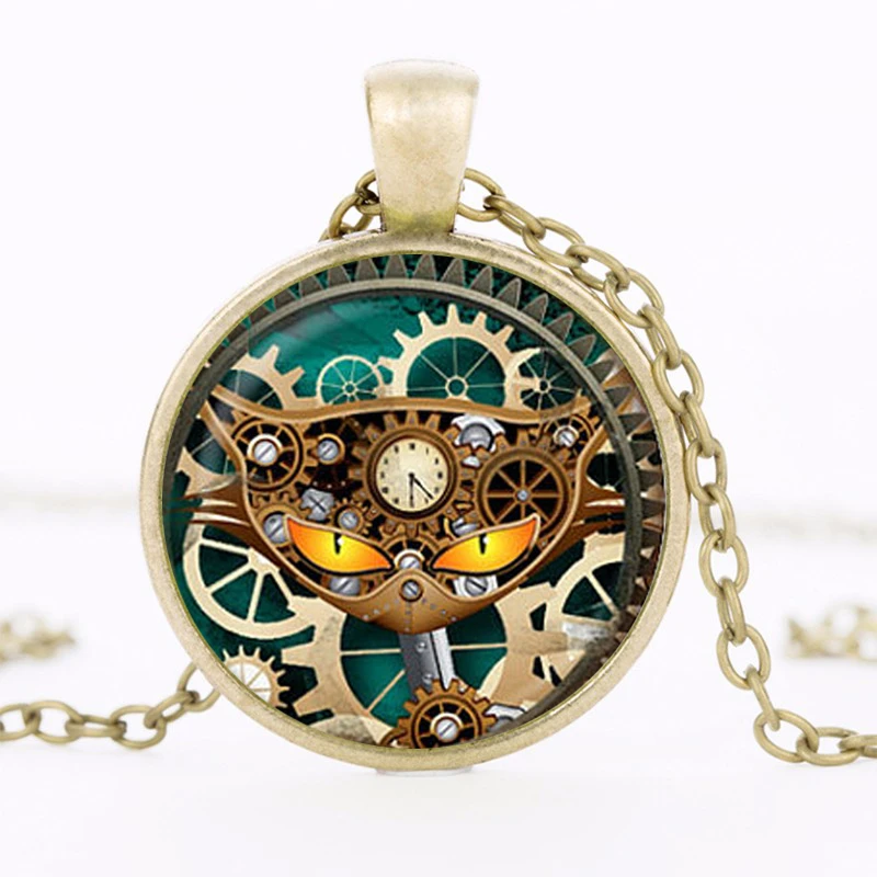 

2021 New Hot Wholsale Handmade Steampunk Clock Pendant Clock Jewelry Steampunk Cat Necklace for Kids Chain Necklace HZ1