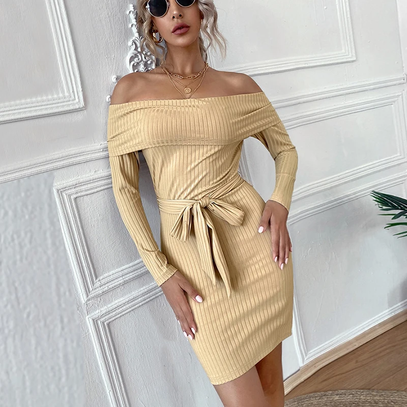 

Womens Sexy Slash Neck Lace Up Waist Long Sleeve Dress 2021 Spring Summer Solid Color Sashes Bodycon Mini Dress Party Vestidos