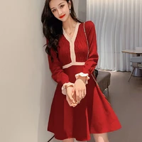 korean 2021 autumn winter knitted dress women elegant v neck button office sweater mini dress casual long sleeve one piece dress