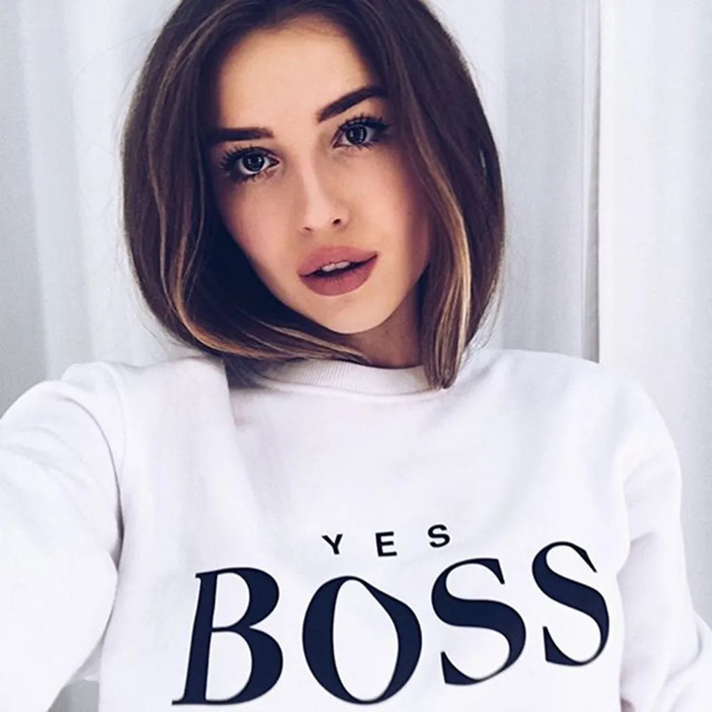30# женские толстовки да босс с буквенным принтом с длинным рукавом О-образным вырезом Толстовка пуловер Топы Весна Осень Femme Толстовка#3s