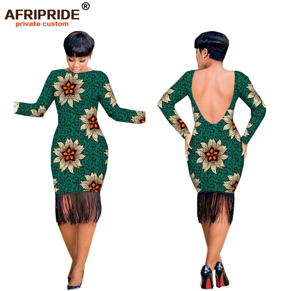 

2018 africa sexy dress for women AFRIPRIDE full sleeve knee-length backless women dress with tassels 100% batik cotton A722524