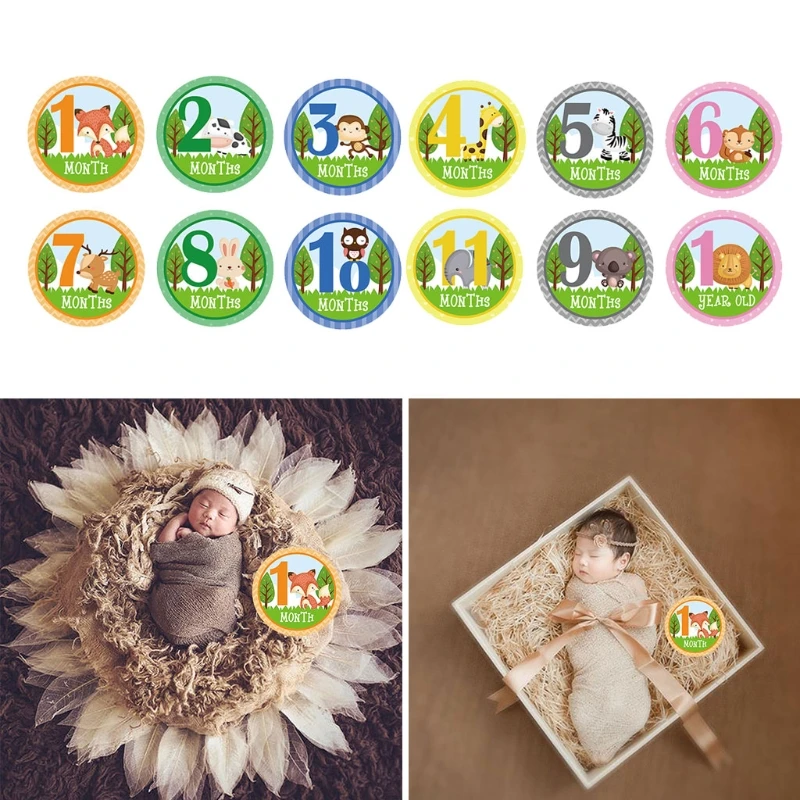 12 unids/set de pegatinas mensuales de beb&eacute; de animales de dibujos animados, pegatina de mes conmemorativo de Milestone, M76C-0