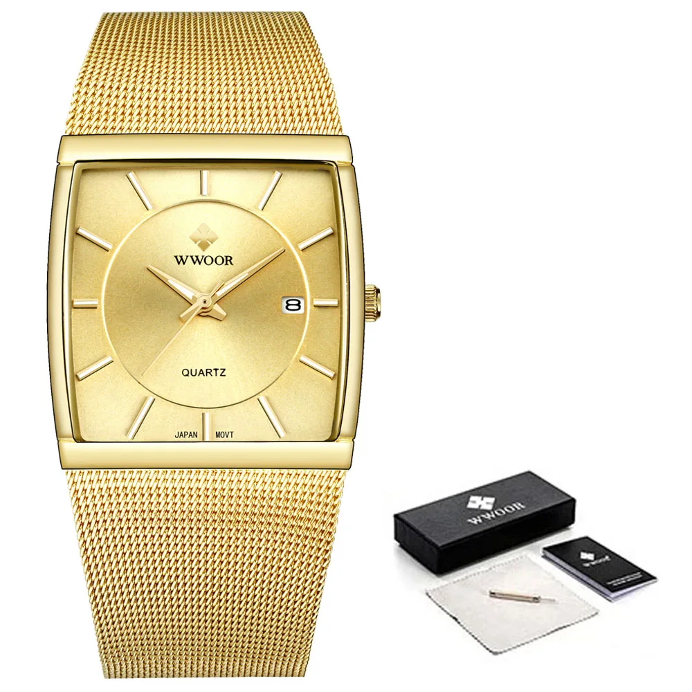 

Mens Watches WWOOR Brand Luxury Ultra-thin Mesh Belt Gold Square Quartz Wristwatch Fashion Business Waterproof Relogio Masculino