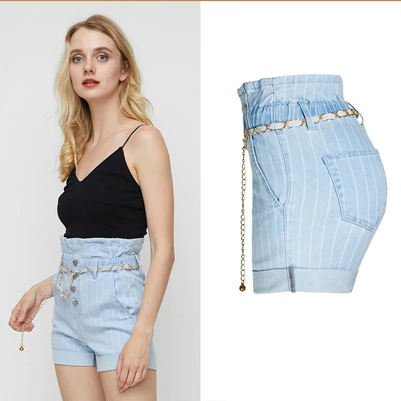 

Summer new style European and American simple striped elastic waist thin denim shorts with belt female shorts