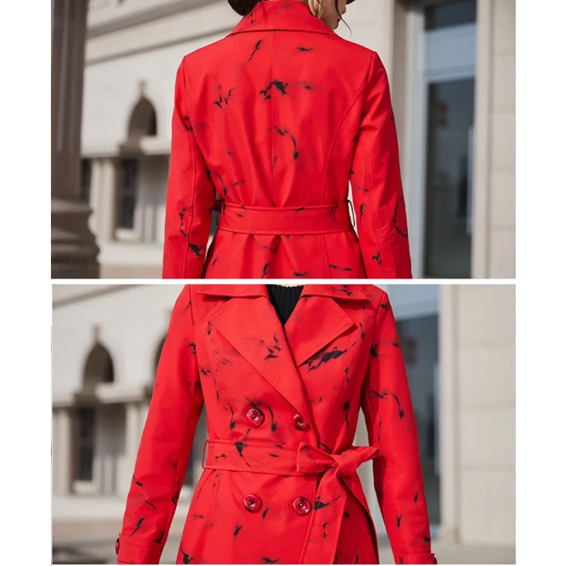 Тренчкот женский длинный с отложным воротником модная верхняя одежда красным