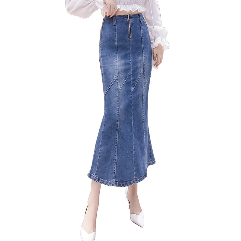 Женская джинсовая юбка весна-осень большой размер средняя длина высокая талия