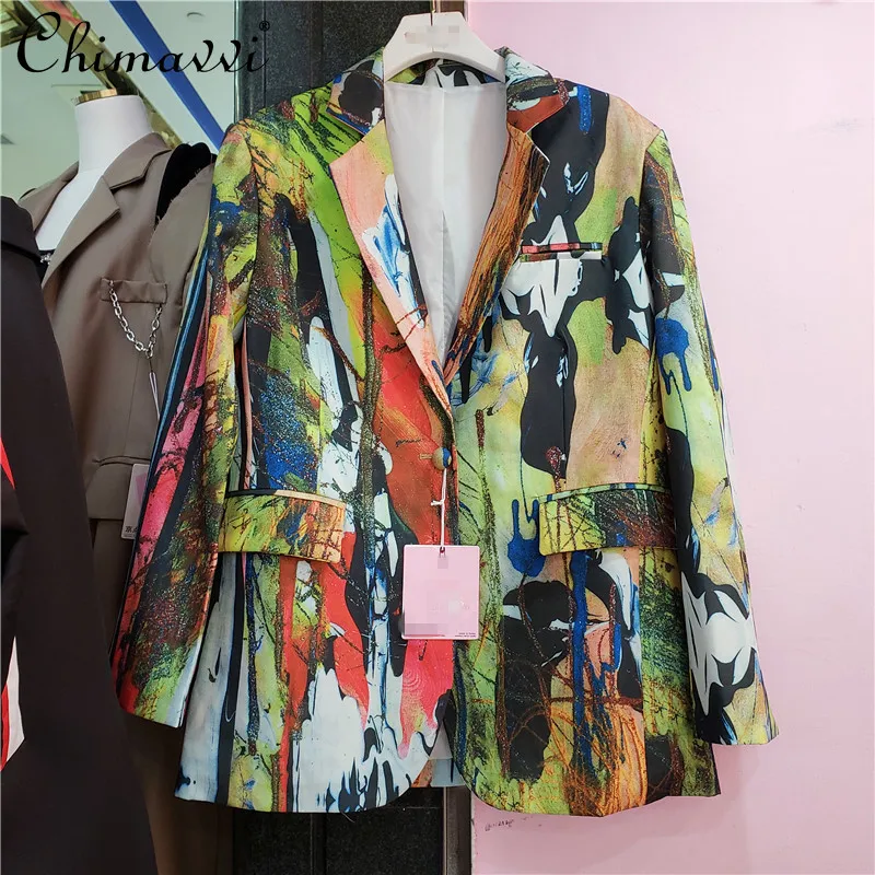 

Streetwear Fashion Women Long Sleeve Notched Collar Long Blazer Contrast Color Printed Loose Casual Suit Coat
