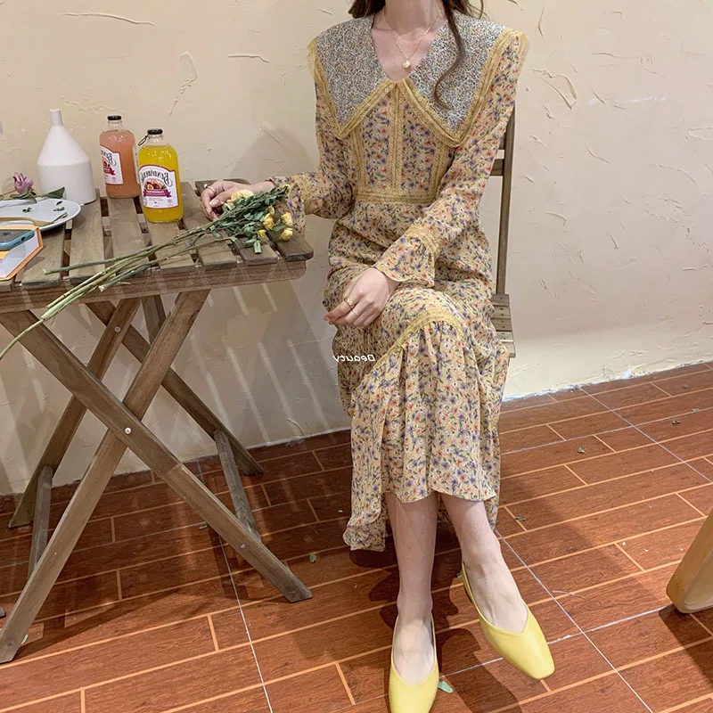 

HanOrange 2021 Новое Цветочное платье женское весна осень Perter Pan платье с воротником шифоновое