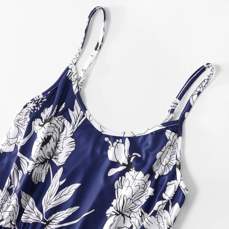 Платье для мамы и дочки синее желтое длинное платье с цветочным принтом одежда