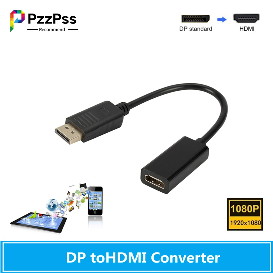 

PzzPss 1080P DP to HDMI Cable Adapter Male To Female For HP/DELL Laptop PC Display Port to 1080P HDMI Cable Adapter Converter