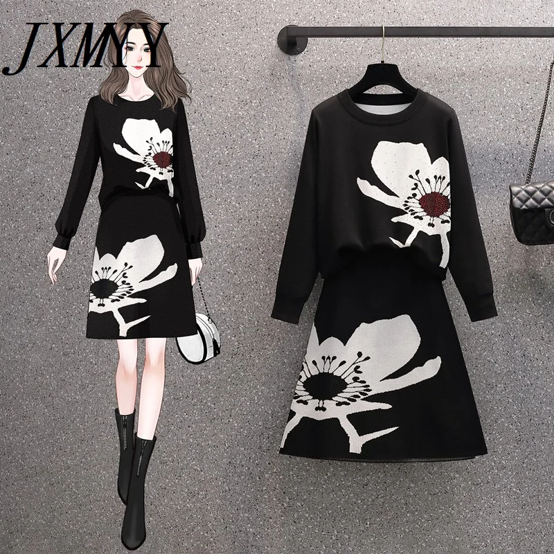 

JXMYY 2021 Fashion Plus Size Women's Autumn Clothing Western Style Hot Drilling Jacquard Knitted Top And Skirt Two-Piece Suit